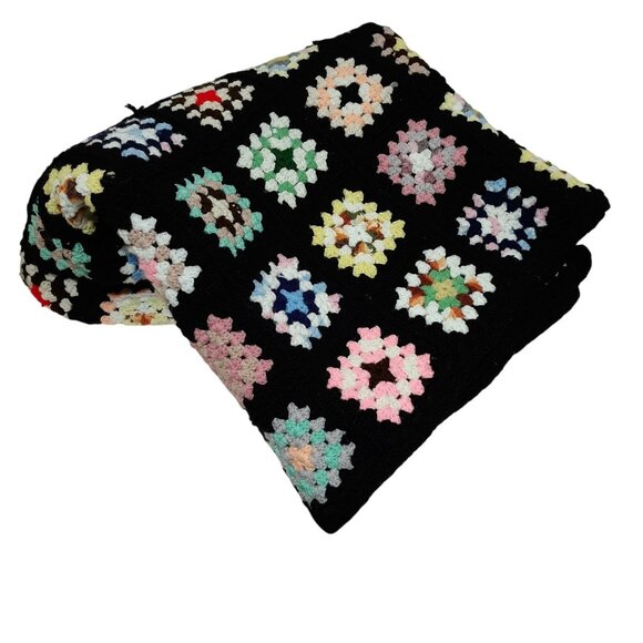 Colorful Hand-Crocheted Granny Square Blanket Multicolored Squares on Black Back - Picture 6 of 8